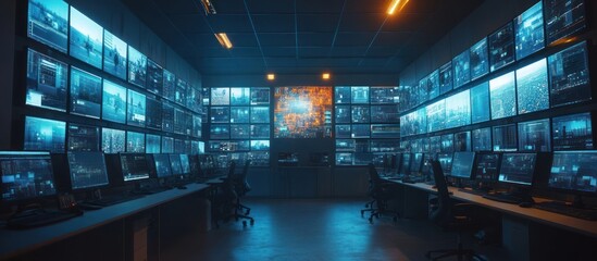 Wall Mural - a large, modern control room with multiple monitors displaying data and security feeds.