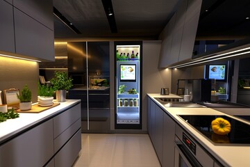 Fototapete - This advanced kitchen showcases a smart refrigerator with a touch screen and a voice-controlled smart oven, designed for convenience. Generative AI