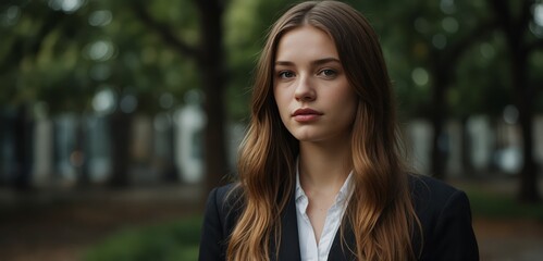 Wall Mural - Portrait of a young woman with long hair wearing a black blazer and white top