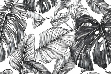 Black and White Tropical Leaves Illustration