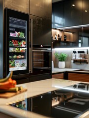 Fototapete - This sleek kitchen features a smart refrigerator displaying grocery lists and recipes alongside a voice-controlled smart oven. Generative AI