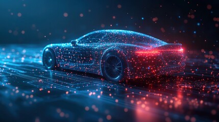 A futuristic sports car made of blue and red glowing particles, driving on a digital road with a dark blue background.