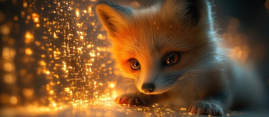 Canvas Print - A cute fox cub with big eyes sits in front of a sparkling background.