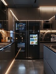 Fototapete - This high-tech kitchen showcases a smart refrigerator with a touchscreen for grocery lists and a voice-controlled oven for seamless cooking. Generative AI