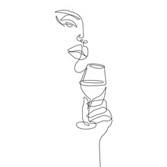 Wall Mural - Woman Holds Wine Glass Continuous One Line Drawing. Female Face and Wine Glass Abstract Black One Line Drawing. Vector Linear Illustration for Minimalistic Design.