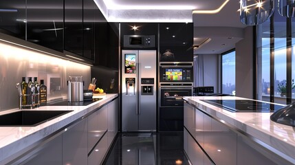 Fototapete - This high-tech kitchen showcases a smart fridge with touch screen features for grocery lists and a voice-activated oven for cooking. Generative AI