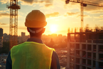 A construction worker, wearing a yellow hard hat and high-visibility vest, stands with his back