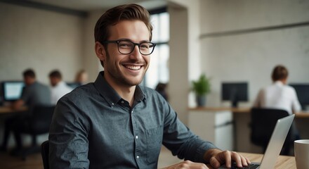 Smile, work and a businessman with a laptop for an email, communication or online coding. Happy, programming and a male programmer typing on a computer for web or software development in an office