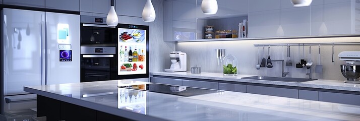Fototapete - This sleek kitchen highlights advanced technology with a smart refrigerator displaying grocery lists and a voice-activated oven. Generative AI