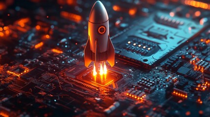 a high-tech scene featuring a digital rocket launching from a sophisticated al chip, the rocket's body adorned with glowing circuit patterns and trailing bright, dynamic light effect, the chip itself