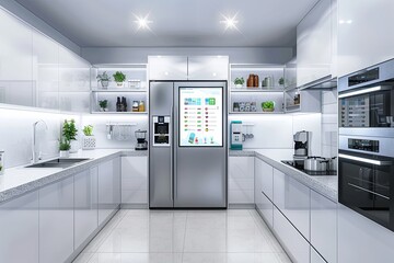 Aufkleber - This sleek kitchen showcases advanced appliances, including a smart fridge displaying recipes and a voice-activated oven for convenience. Generative AI