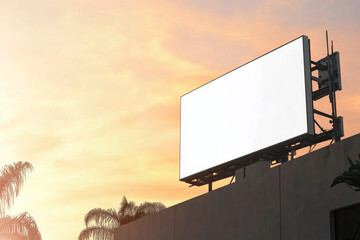 A blank billboard stands against vibrant sunset sky, surrounded by palm trees, creating serene and tranquil atmosphere. This scene captures essence of urban life and advertising potential