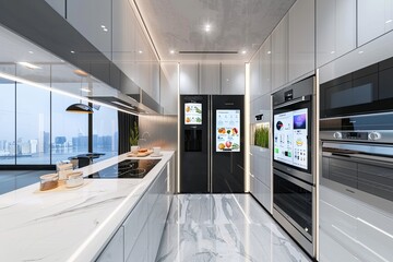 Fototapete - This sleek kitchen features advanced appliances like a smart refrigerator displaying grocery lists, alongside a voice-controlled oven. Generative AI