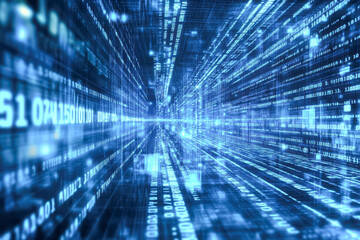 a futuristic vision of blue digital code flowing across a high-tech virtual environment