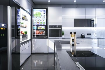 Aufkleber - This sleek kitchen showcases advanced appliances, including a smart refrigerator with a touchscreen and a voice-activated oven for convenience. Generative AI