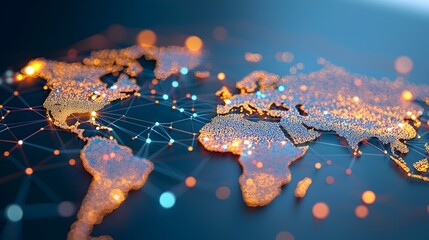 Global network with glowing connections across a wireframe map representing worldwide web and digital transformation for future innovation in science and technology