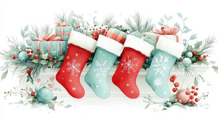 Wall Mural - Watercolor Christmas stockings filled with gifts and candy, hanging on a mantle, with a white background and soft, warm cartoon rendering