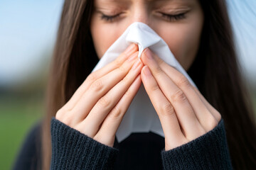 Girl sneezes into handkerchief. Illness. Season of illnesses. Face close-up