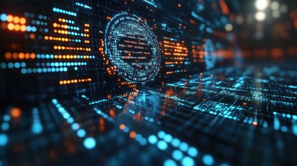 Abstract digital background with a glowing circular pattern in the center, surrounded by lines of blue and orange light.