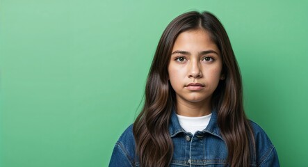 Wall Mural - Teen Latina girl with oval face and thick brown hair serious soft green background