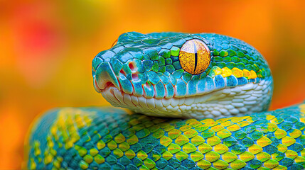 Captivating close-up of coiled green tree python with intricate scales