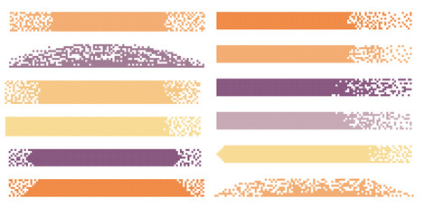 Pixel banner. Header, footer color layout with mosaic edges. Horizontal title tags with pixels. Labels pixelated decoration advertising vector elements. Rectangular dotted shapes isolated set