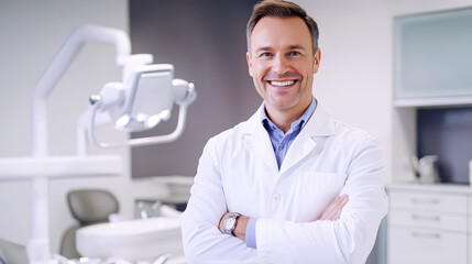 A professional dentist with a warm smile, standing confidently in a modern dental clinic