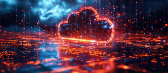 Wall Mural - glowing cloud symbol over a futuristic cityscape, representing the concept of cloud computing, data 