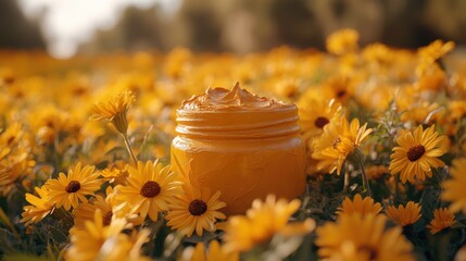 Wide shot of a bright orange clay mask jar, scattered yellow daisies behind in soft focus, vibrant and fresh.