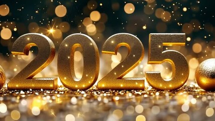 Wall Mural - golden glitter numbers for the year 2025 are sparkling on a blurred background with gold bokeh, crea