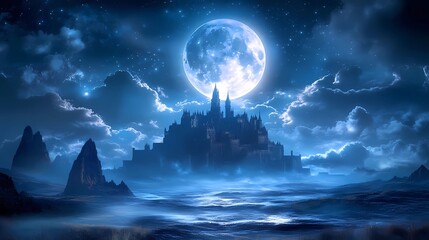 Wall Mural - fantasy castle illuminated by a full moon at night. Mystical and haunting scene. 