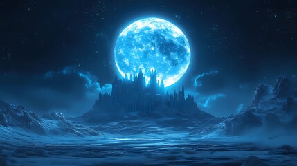 Wall Mural - Eerie witch castle illuminated by a full moon at night. Mystical and haunting scene. 