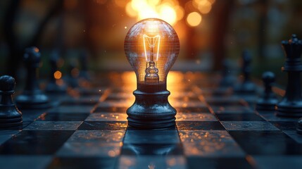 A lit lightbulb sits on a chessboard, representing a strategic solution or idea.