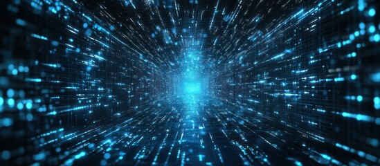 Wall Mural - abstract digital tunnel with glowing blue lines and particles.