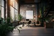 © YiuCheung - A modern office workspace with a large window, brick wall, and a desk with a black office chair.