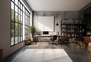 Poster - A modern office interior with a large window, wooden desk, and white rug.