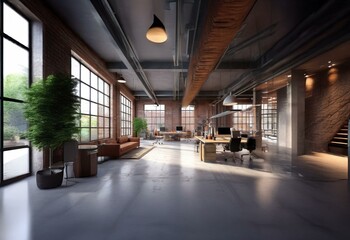 Aufkleber - A modern office space with exposed brick walls, large windows, and industrial elements.