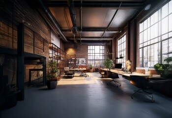Aufkleber - A modern office space features an open layout with exposed brick walls, large windows, and a spacious desk with two chairs.