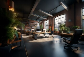 Aufkleber - A modern office space features a large window with a view of the city skyline, brick walls, a wooden desk, and a black office chair.
