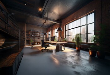 Aufkleber - A modern, industrial office space with a large window overlooking a city skyline, featuring a sleek desk with a black leather office chair, a bookcase, and potted plants.