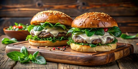 A close-up of two juicy burgers with melted cheese and fresh greens on a wooden board, surrounded by basil leaves and peppercorns