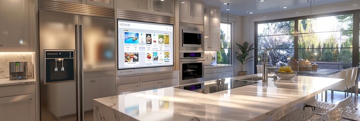 Fototapete - This sleek kitchen showcases a smart refrigerator with a touchscreen for managing grocery lists and recipes, alongside a voice-controlled oven. Generative AI