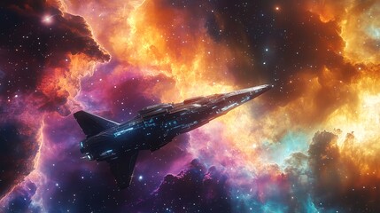 Wall Mural - a futuristic spaceship flies through a colorful nebula, with swirling clouds of gas and dust.