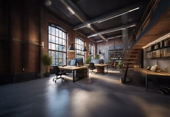 Aufkleber - A modern office space with a loft aesthetic, featuring exposed brick walls, large windows, and a metal framework.