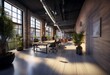 © YiuCheung - A modern office with an open layout, featuring large windows, exposed brick walls, and a wooden floor.