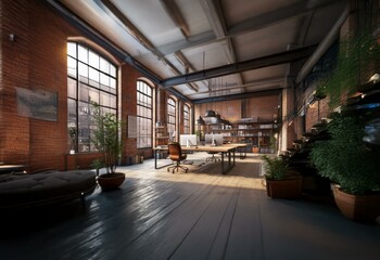 Poster - A modern loft office space with brick walls, large windows, and wood floors.