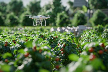 Aufkleber - Drones equipped with sensors are actively monitoring crops in a modern farm setup to enhance agricultural efficiency. Generative AI