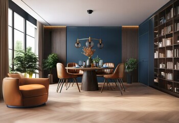 Poster - Modern dining room interior with brown leather chairs, a round wooden table, and a large bookshelf.