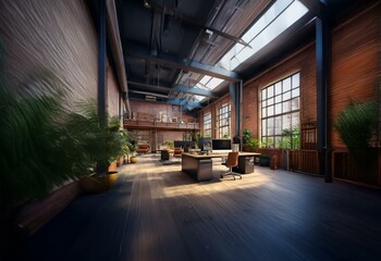 Aufkleber - A modern loft office space with large windows, exposed brick, and wooden floors.