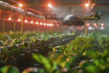 Aufkleber - Advanced agricultural facility with drones and sensors optimizing crop management and improving farming efficiency. Generative AI